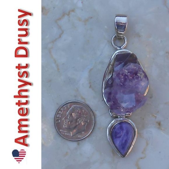 Jewelry - Amethyst drusy & charolite sterling silver pendant SJ940-28